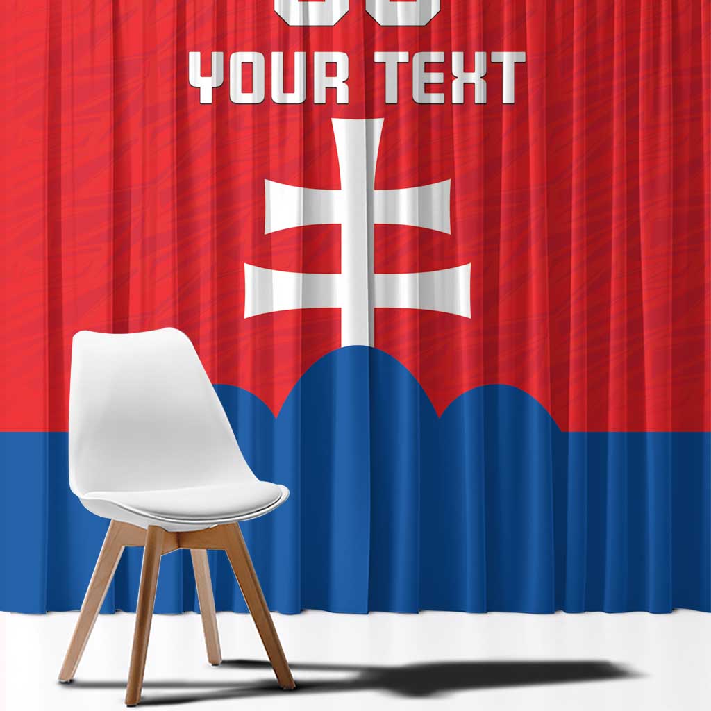 Red and blue flag window curtain with white cross and custom text, close-up front view.