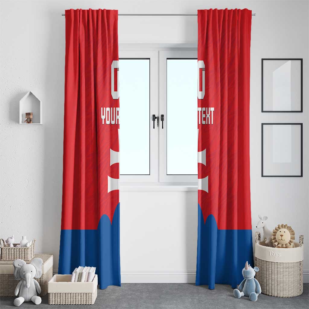 Pair of red flag window curtains with white cross, blue bottom stripe, and custom text.