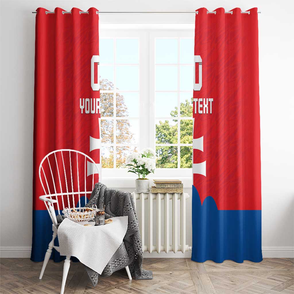 Red flag window curtains with white cross and custom text, with blue bottom stripe.