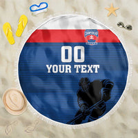 Round blue hockey beach blanket with fringe, red stripe, goalie graphic, custom text