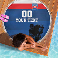 Round blue hockey beach blanket with fringe, red top stripe, goalie graphic, custom text