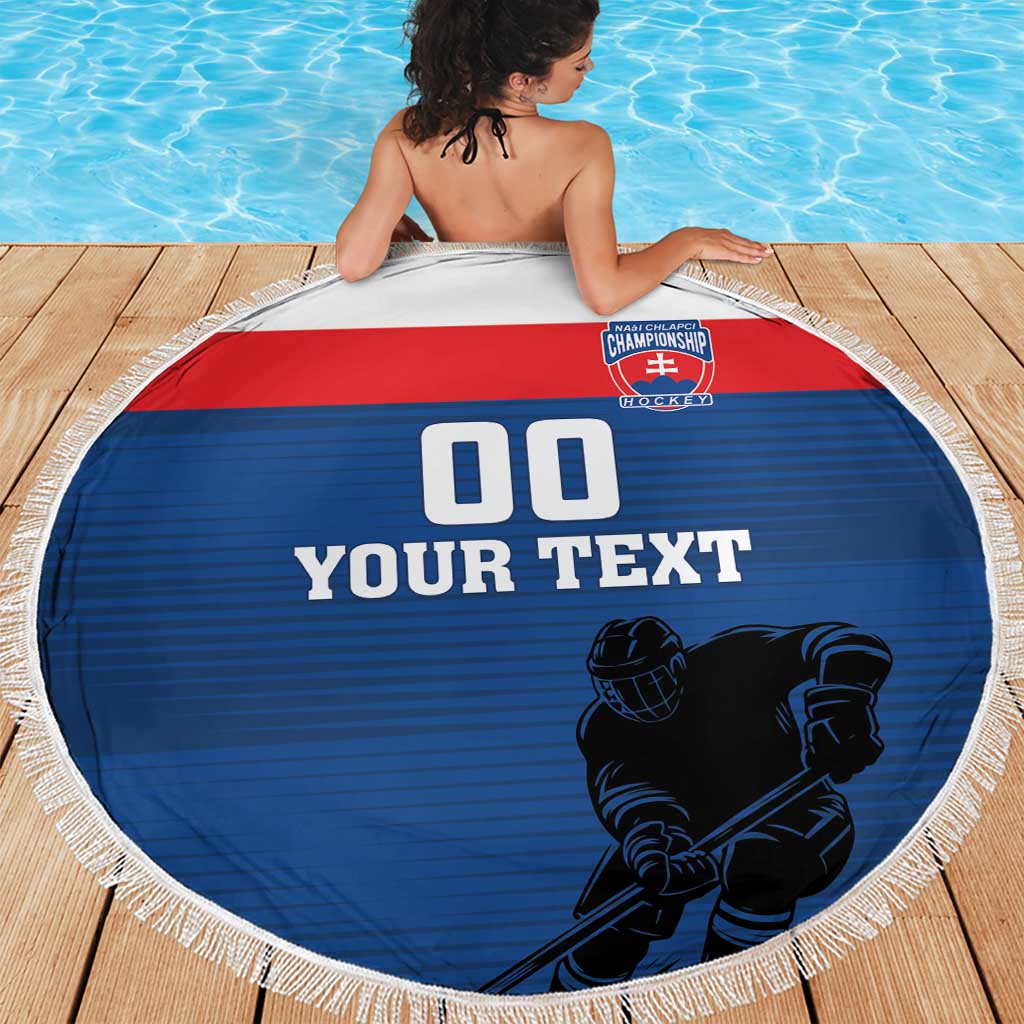 Round blue hockey beach blanket with fringe edge, red stripe, goalie graphic, custom text