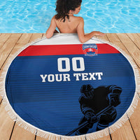 Round blue hockey beach blanket with fringe edge, red stripe, goalie graphic, custom text