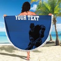 Round blue hockey beach blanket with fringe, red stripe, goalie graphic, YOUR TEXT