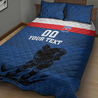 Blue hockey quilt bed set with red stripe, ‘00’ and ‘YOUR TEXT’, hockey player graphic