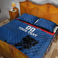 Blue hockey quilt bed set with red stripe, ‘00’ and ‘YOUR TEXT’, two pillowcases