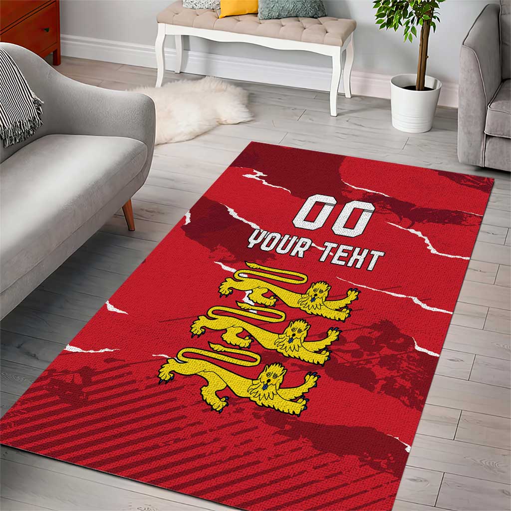 Red area rug featuring bold white “00” and “YOUR TEHT” with lion crest