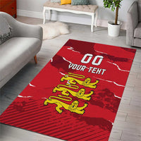 Red area rug featuring bold white “00” and “YOUR TEHT” with lion crest