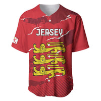 Red baseball jersey with V-neck buttons, JERSEY logo and yellow lion crest