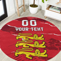 Red round sporty carpet rug with custom text, yellow cartoon lions and black accents