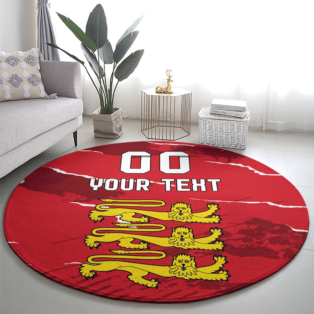 Red round sporty carpet rug with custom text and yellow cartoon lions, wide room shot