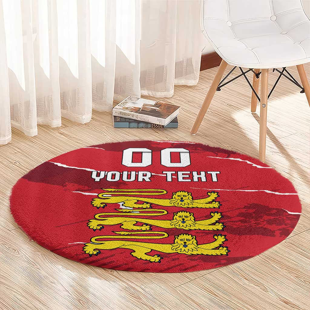 Red round sporty carpet rug with custom text and yellow cartoon lions, near white curtains