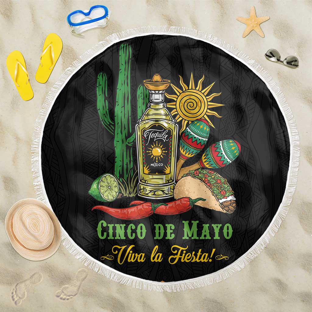 Round black Cinco de Mayo beach blanket with tequila bottle, cactus graphic and white fringe