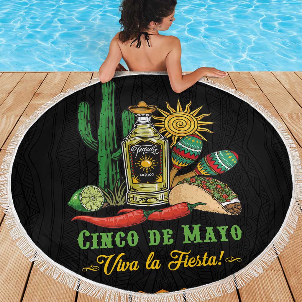 Round black beach blanket with tequila bottle, cactus and sun graphic, white fringe edging
