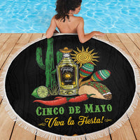 Round black beach blanket with tequila bottle, cactus and sun graphic, white fringe edging