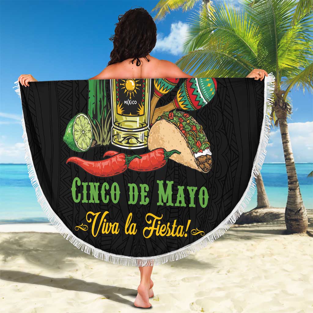 Round black Cinco de Mayo blanket with tequila bottle and "Viva la Fiesta" text, white fringe