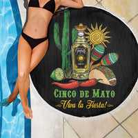 Round black beach blanket with tequila bottle, cactus and peppers graphic and white fringe