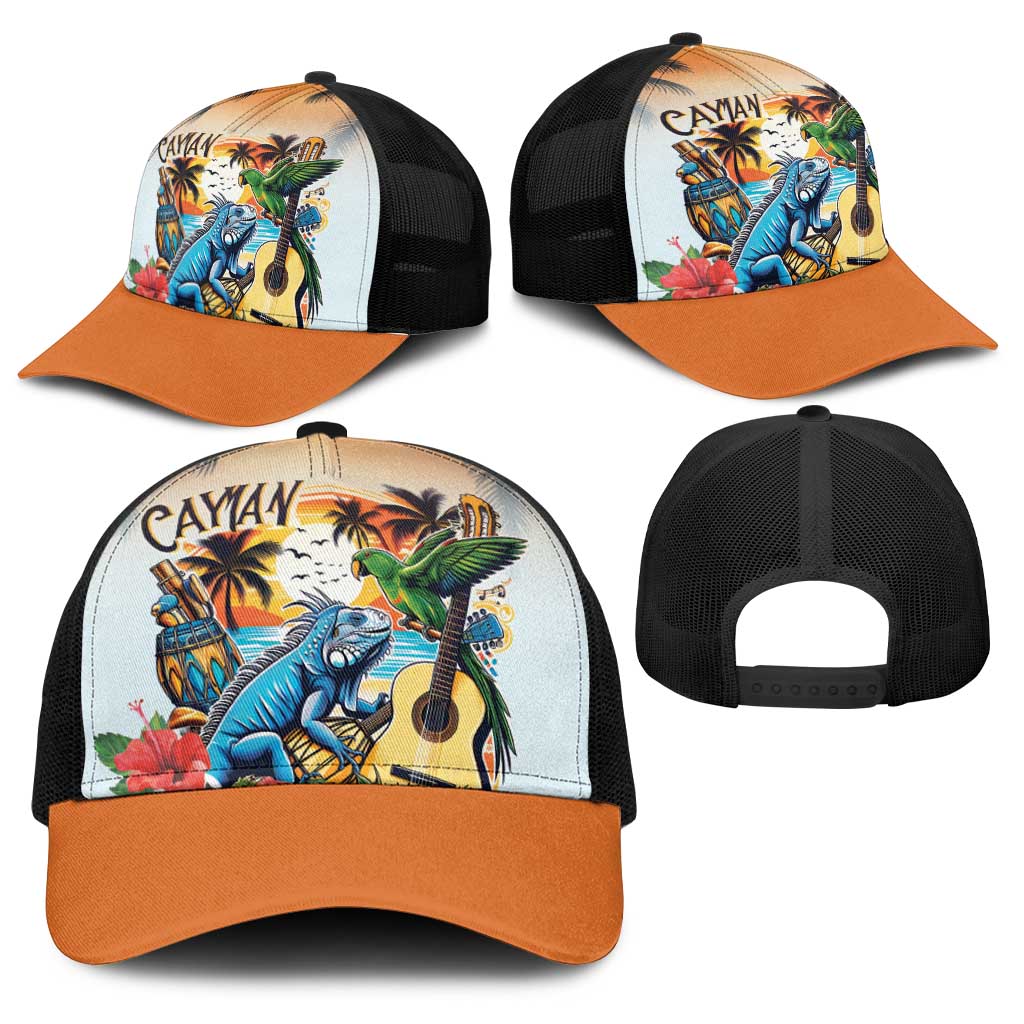 Cayman Islands Baseball Net Cap Iguanas And Parrot Hisbius Flower - Wonder Print Shop