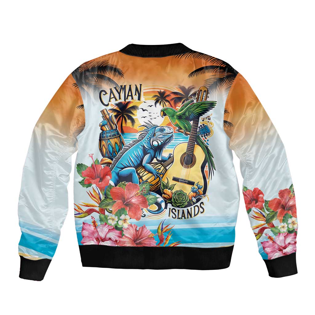 Cayman Islands Bomber Jacket Iguanas And Parrot Hisbius Flower - Wonder Print Shop