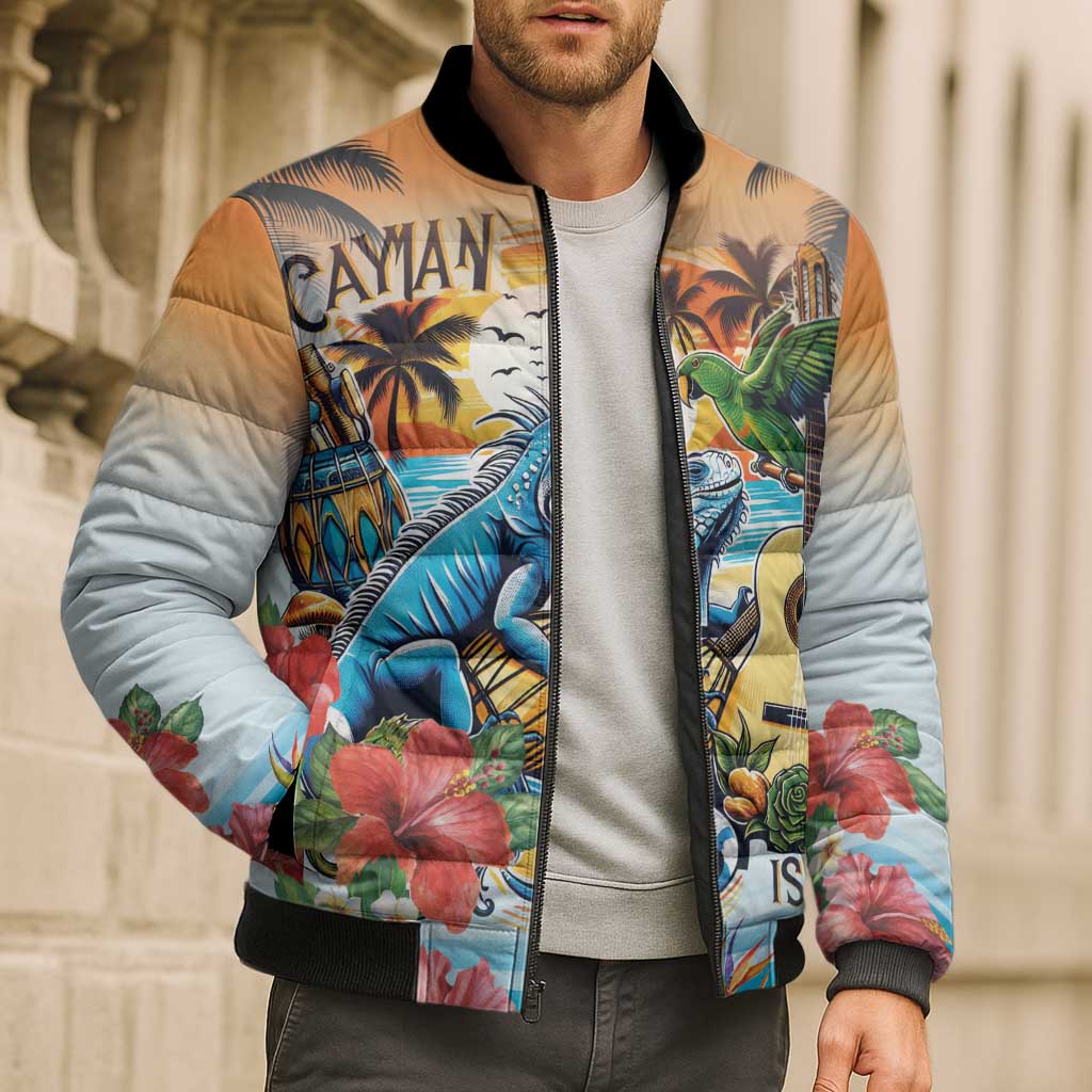 Cayman Islands Bomber Puffer Jacket Iguanas And Parrot Hisbius Flower - Wonder Print Shop