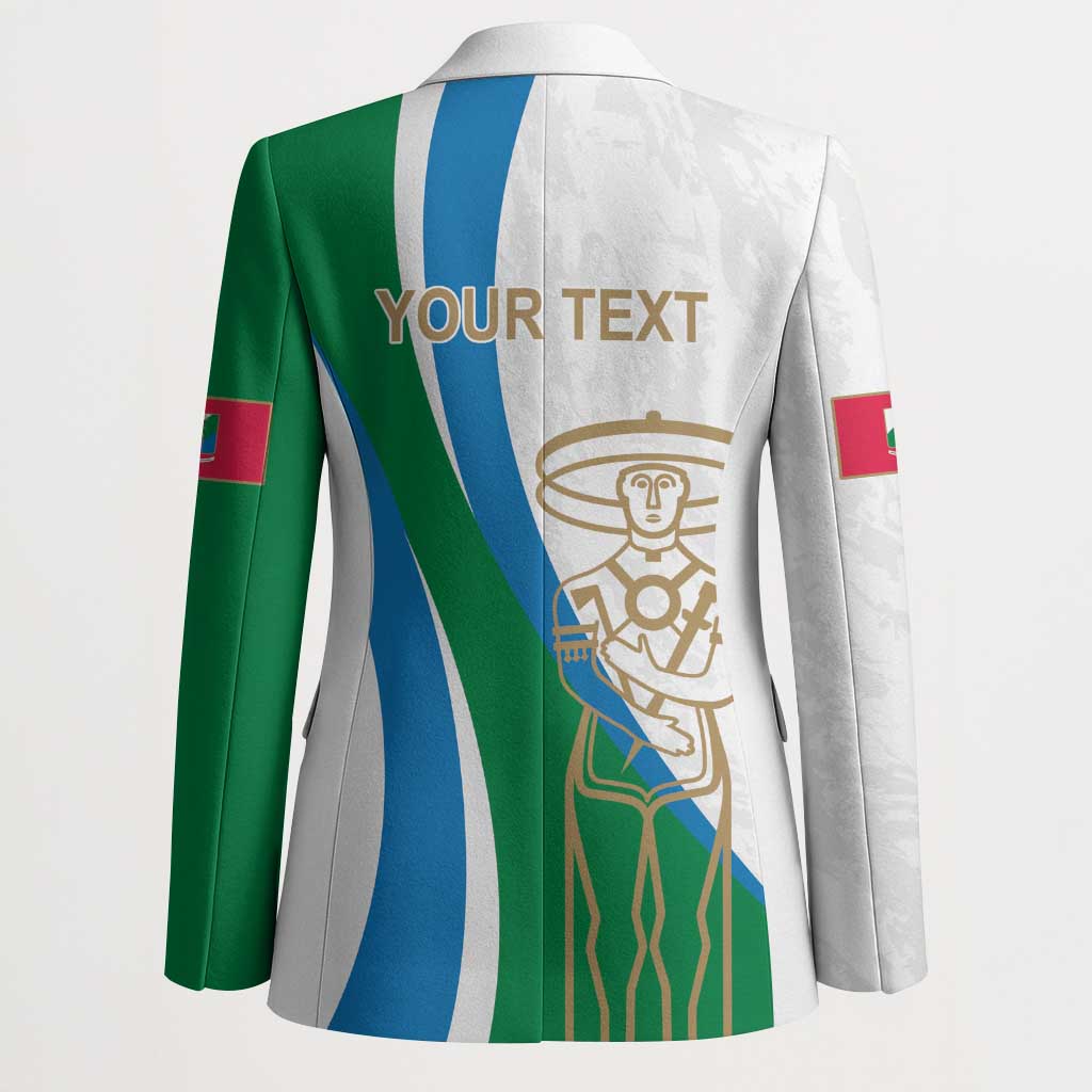 Personalized blazer back in white with green/blue stripes, 'YOUR TEXT' and crest emblem