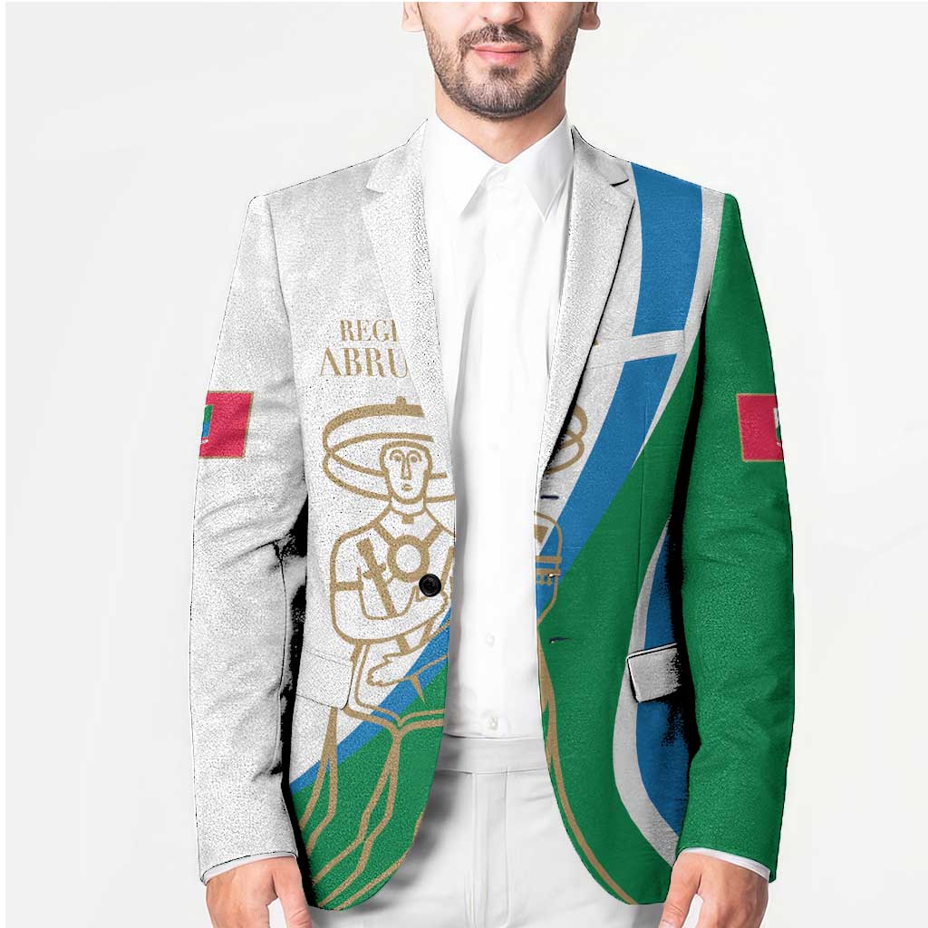 White blazer with green/blue diagonal stripes, crest graphic, and red sleeve flag detail