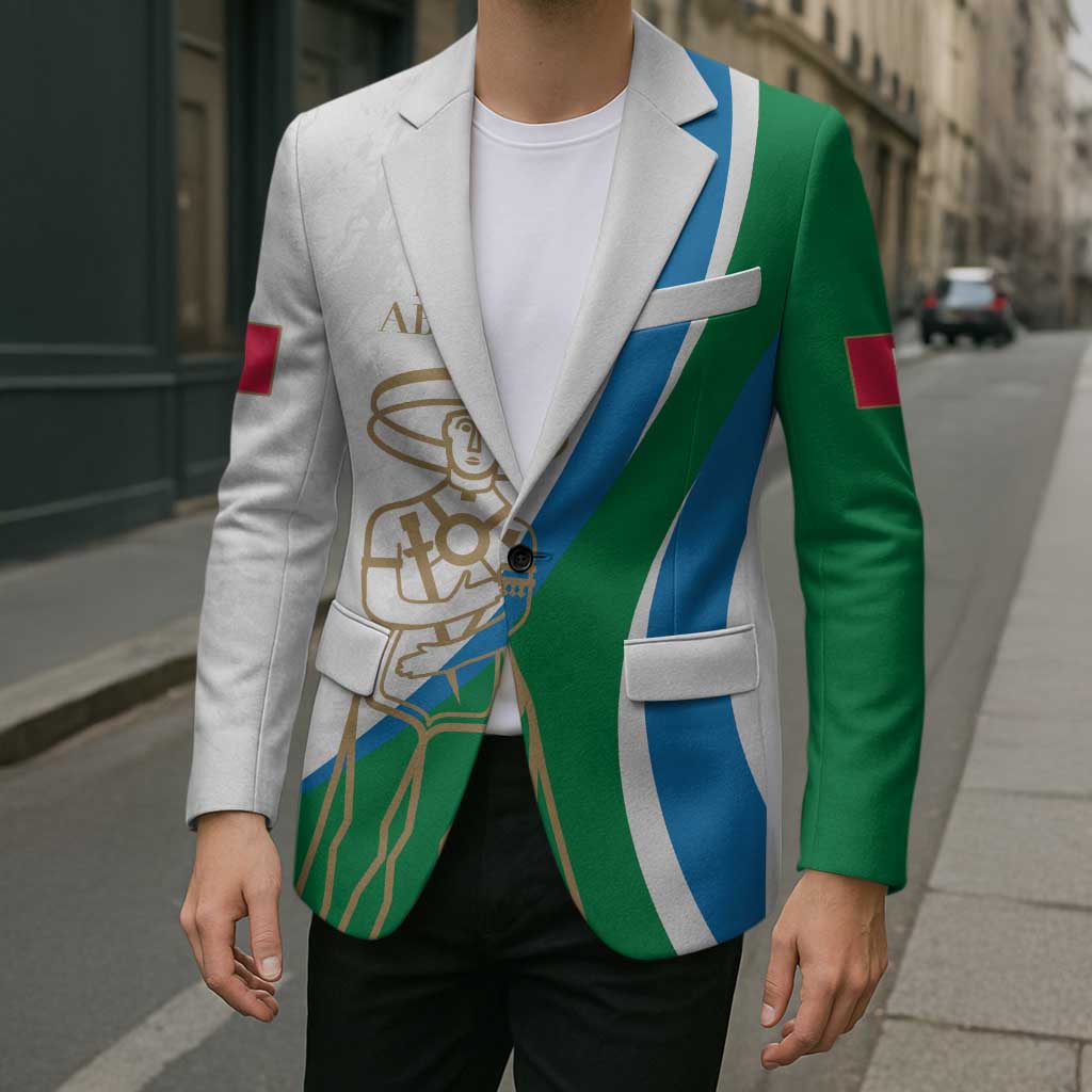 Personalized blazer with white base, green/blue stripes, crest graphic, and single-button front