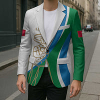 Personalized blazer with white base, green/blue stripes, crest graphic, and single-button front