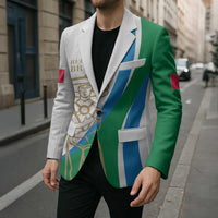 Tailored blazer in white with green/blue diagonal panels, crest graphic, and one-button closure