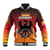 Red baseball jacket with ribbed collar, 1990 Germany crest, and German flag sleeve patches