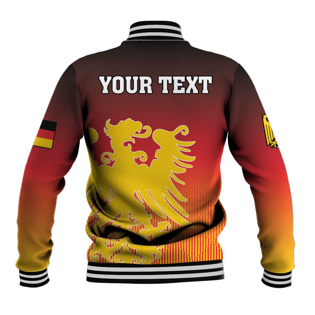 Back of red baseball jacket with striped ribbing and YOUR TEXT coat of arms print