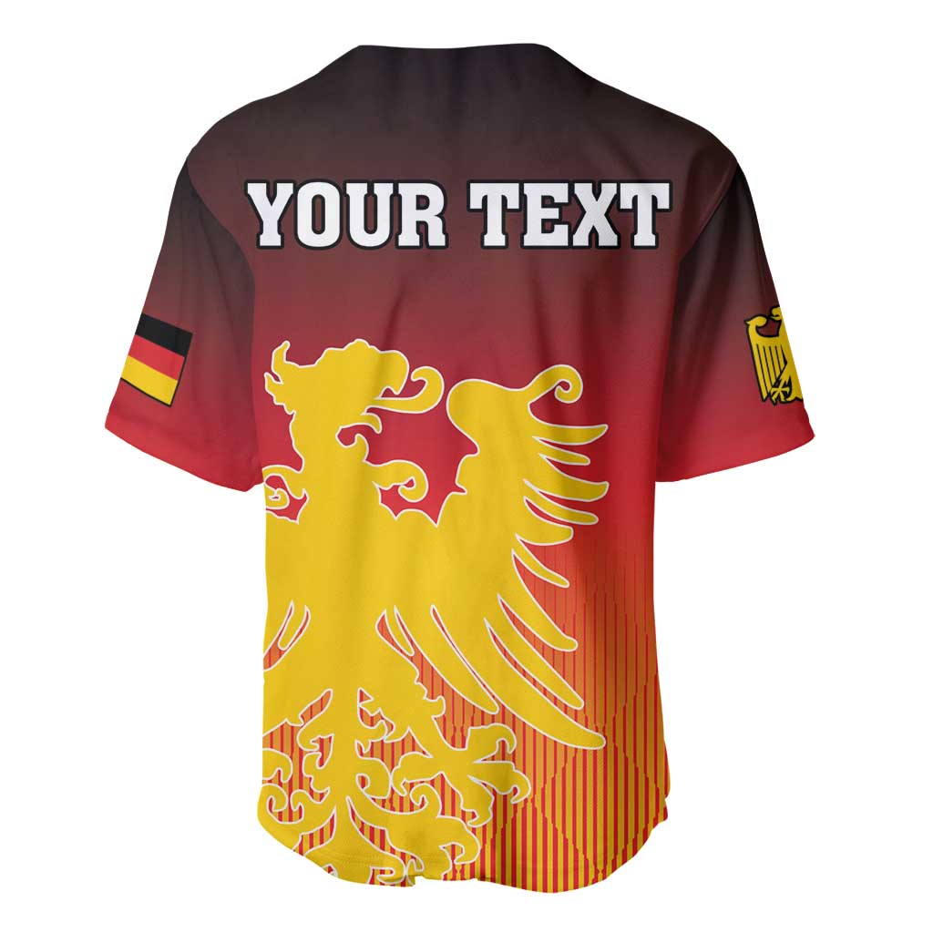 Red baseball jersey with back print 'YOUR TEXT' and yellow lion crest, short sleeves