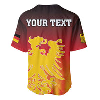Red baseball jersey with back print 'YOUR TEXT' and yellow lion crest, short sleeves