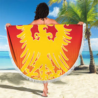 Personalized red round beach blanket (150cm) with white fringe, yellow eagle crest centerpiece