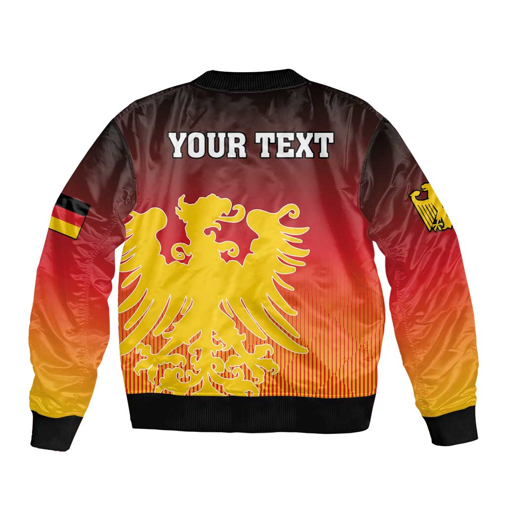Unisex bomber jacket back print with YOUR TEXT, red-yellow gradient, gold eagle coat of arms