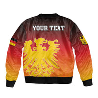 Unisex bomber jacket back print with YOUR TEXT, red-yellow gradient, gold eagle coat of arms