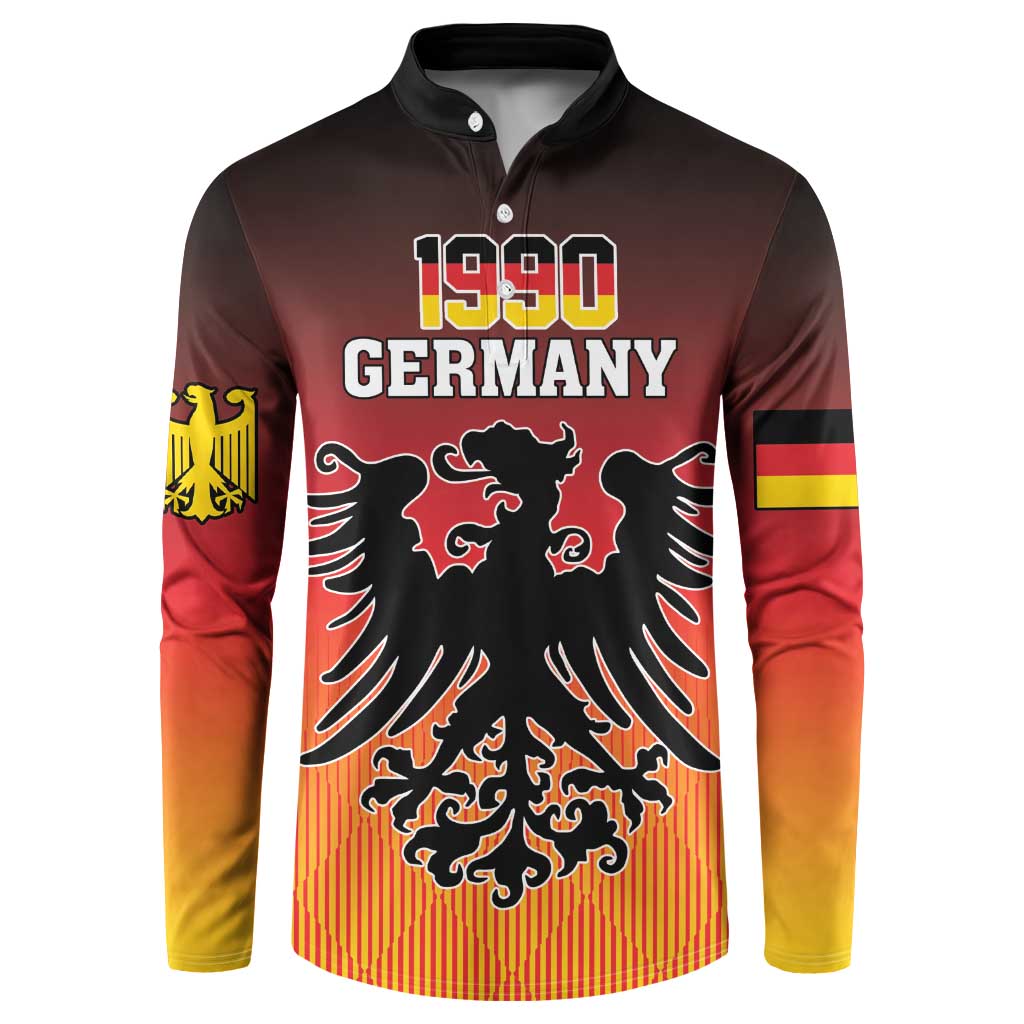 Men's button-front sweatshirt with Germany 1990 graphic, red and yellow gradient