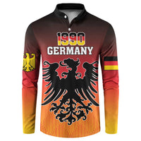 Men's button-front sweatshirt with Germany 1990 graphic, red and yellow gradient