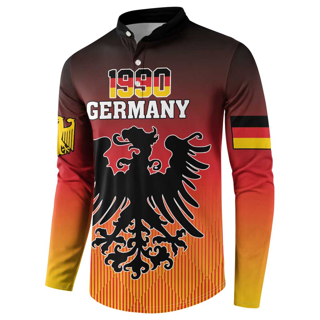 Men's button-front sweatshirt with '1990 Germany' eagle crest, red/yellow gradient