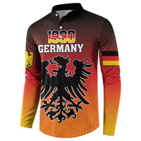 Men's button-front sweatshirt with '1990 Germany' eagle crest, red/yellow gradient