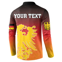 Men's button-front sweatshirt with 'YOUR TEXT' on back and yellow eagle crest, gradient