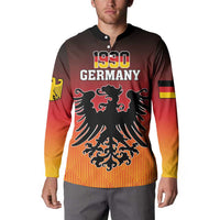 Men's button-front sweatshirt worn by model, 1990 Germany eagle graphic, red/yellow gradient