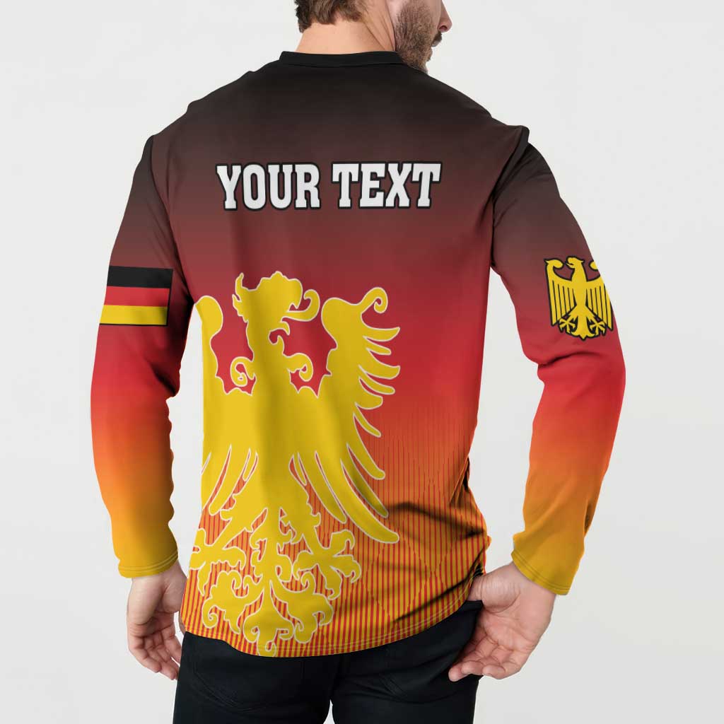 Men's button-front sweatshirt worn from back, 'YOUR TEXT' and yellow eagle crest, gradient