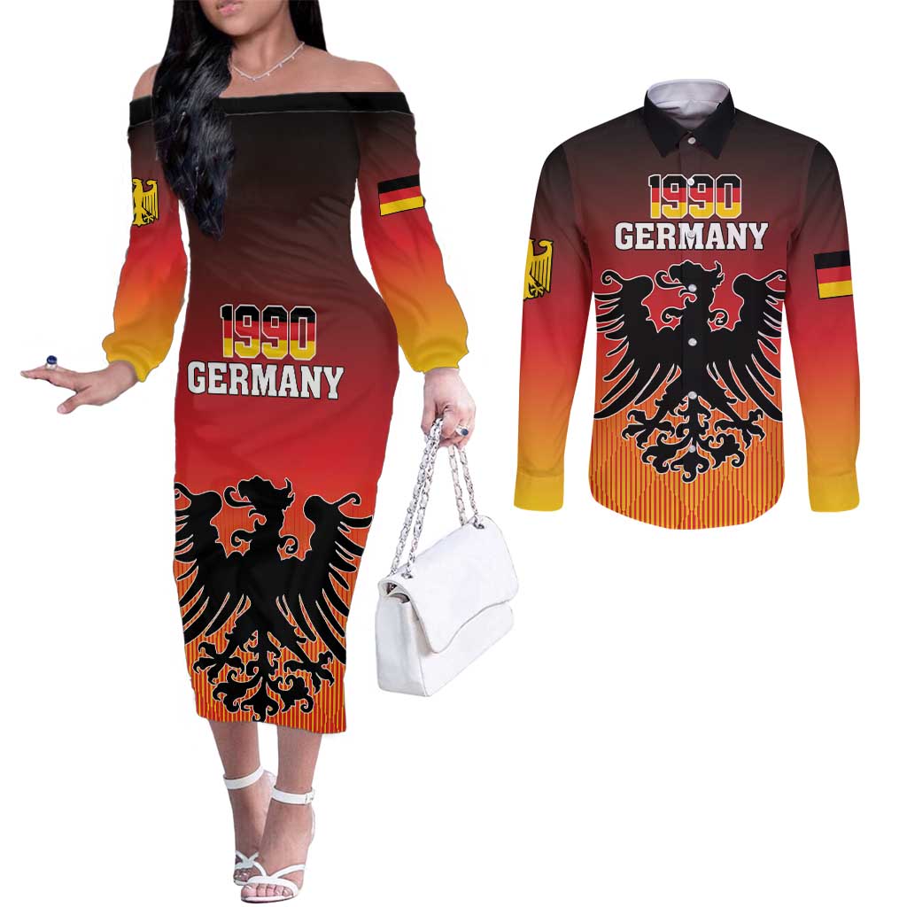 Personalized Germany Couples Matching Off The Shoulder Long Sleeve Dress and Long Sleeve Button Shirt With Coat Of Arms