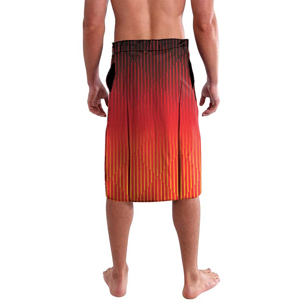 Germany lava lava skirt with red vertical stripes and black waistband, back view
