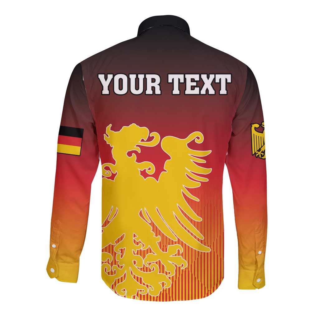 Long-sleeve button shirt, back view, "YOUR TEXT" and Germany eagle coat-of-arms graphic