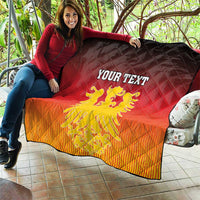 Personalized quilt laid out, German coat of arms design, dark-to-orange gradient, black edge, quilted