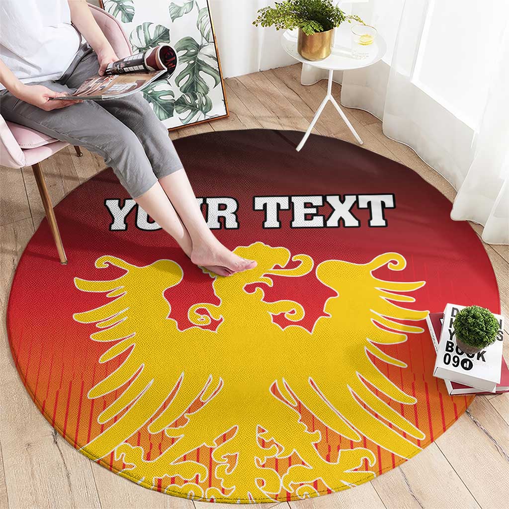 Round red carpet with gold Germany coat of arms and custom text, full view