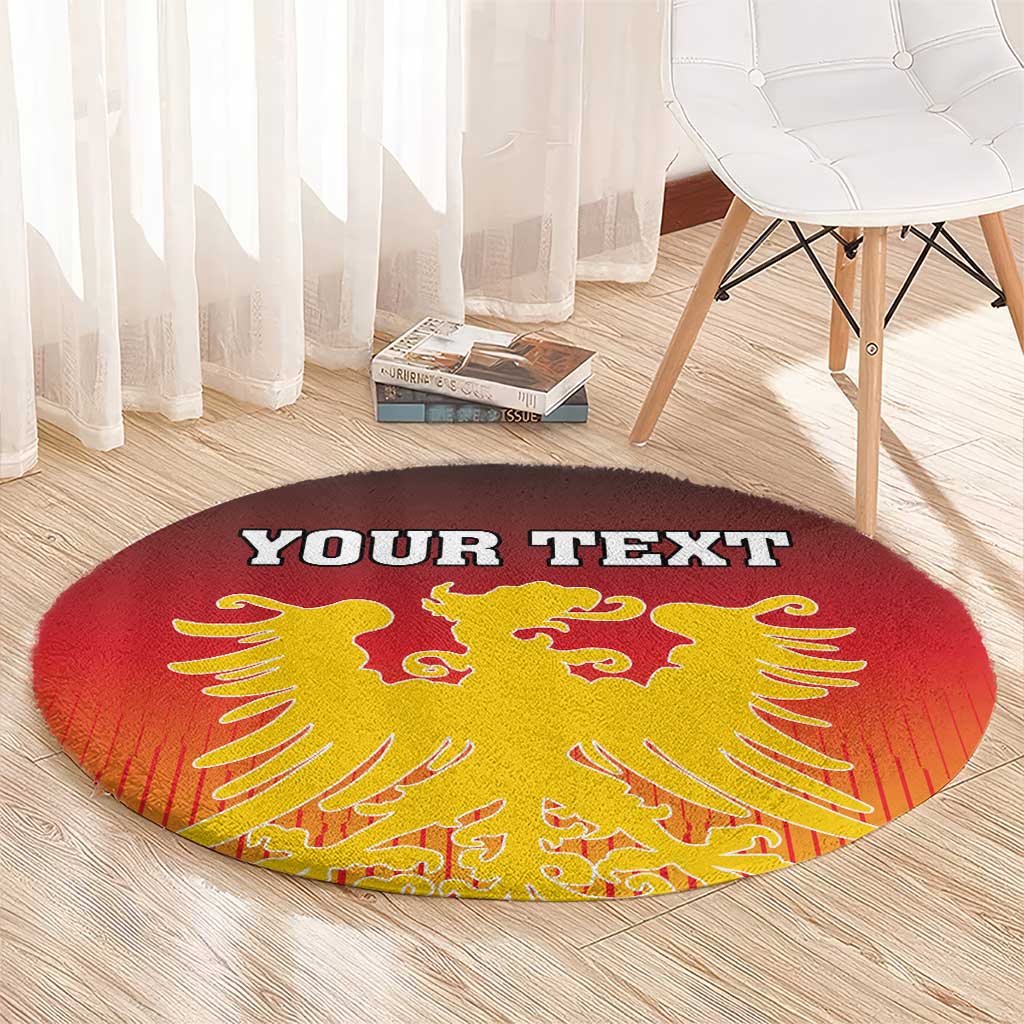 Round red carpet with gold Germany coat of arms and custom text, edge visible