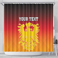 Red and black shower curtain with eagle coat of arms and 'YOUR TEXT' center text